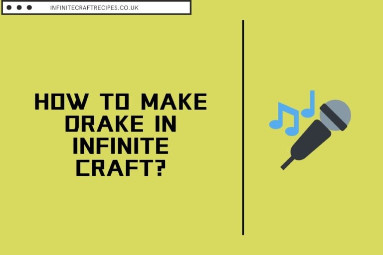 Illustration of a microphone and music notes with the text 'How to Make Drake in Infinite Craft?' on a yellow background.