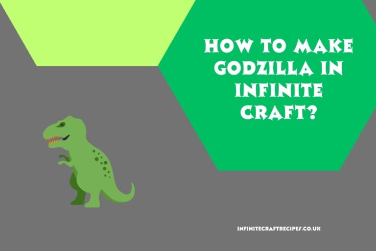 Illustration of a green dinosaur on a gray and green background with the text "How to Make Godzilla in Infinite Craft?"