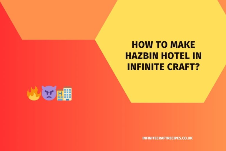 Colorful abstract background with text 'How to Make Hazbin Hotel in Infinite Craft?' and emojis for fire, demon, and hotel.