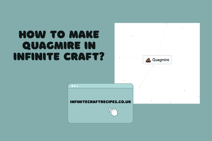 Illustration for the blog post 'How to Make Quagmire in Infinite Craft' featuring a game element labeled 'Quagmire' and a website reference to infinitecraftrecipes.co.uk