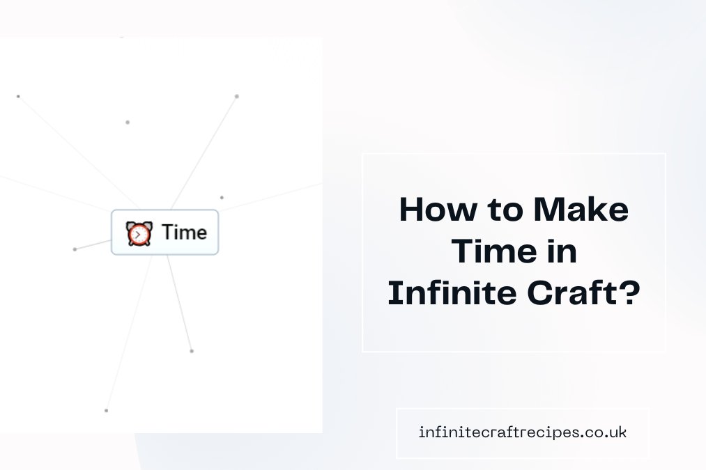 Illustration of the Time element in Infinite Craft with a clock icon and text 'How to Make Time in Infinite Craft?' on a white background.