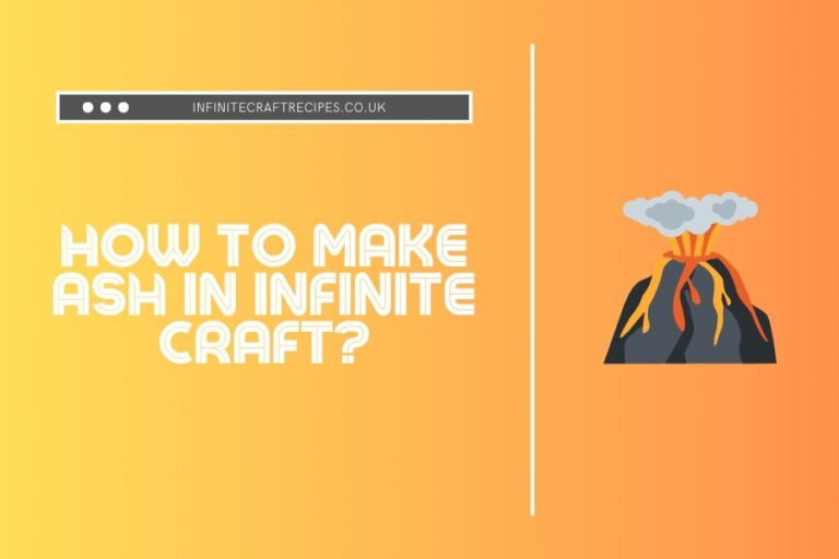 Illustration of a volcano emitting smoke with the title 'How to Make Ash in Infinite Craft' on an orange gradient background.