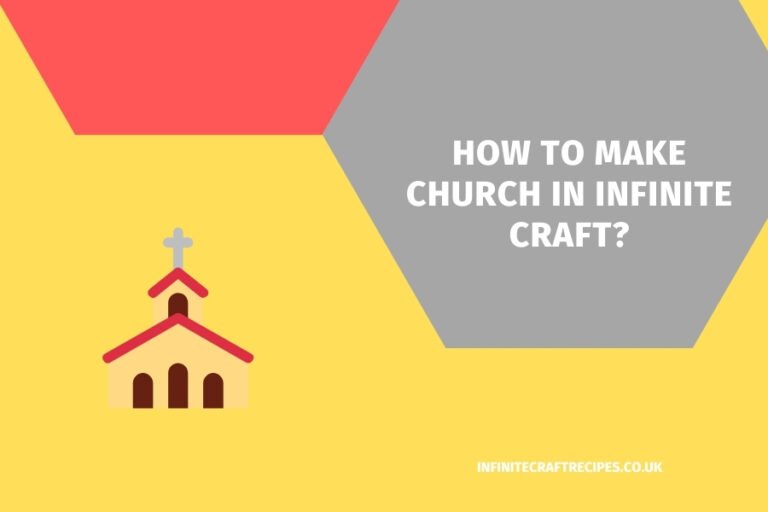 Illustration of a church icon with text 'How to Make Church in Infinite Craft' on a geometric background.