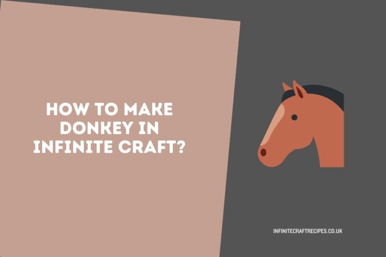 Illustration of a donkey's head alongside the text 'How to Make Donkey in Infinite Craft' on a beige and gray background.