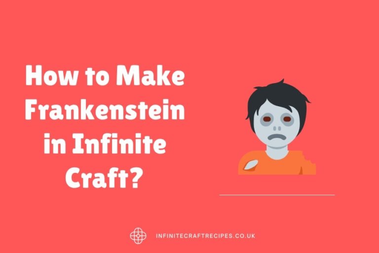 Illustration of Frankenstein character with text 'How to Make Frankenstein in Infinite Craft?' and website URL infinitecraftrecipes.co.uk.