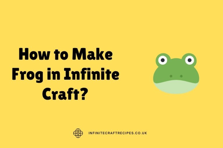 How to Make Frog in Infinite Craft? Yellow background with a cartoon frog icon and Infinite Craft Recipes website branding.