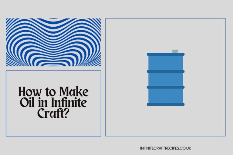 A blue oil drum icon alongside the title "How to Make Oil in Infinite Craft?" with an abstract blue wave design in the background.