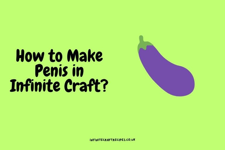 Illustration of an eggplant emoji alongside the text 'How to Make Penis in Infinite Craft?' on a bright green background.