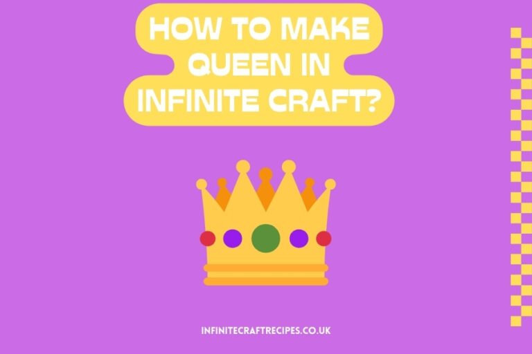 Illustration of a crown on a purple background with the text 'How to Make Queen in Infinite Craft?' and the website name infinitecraftrecipes.co.uk.